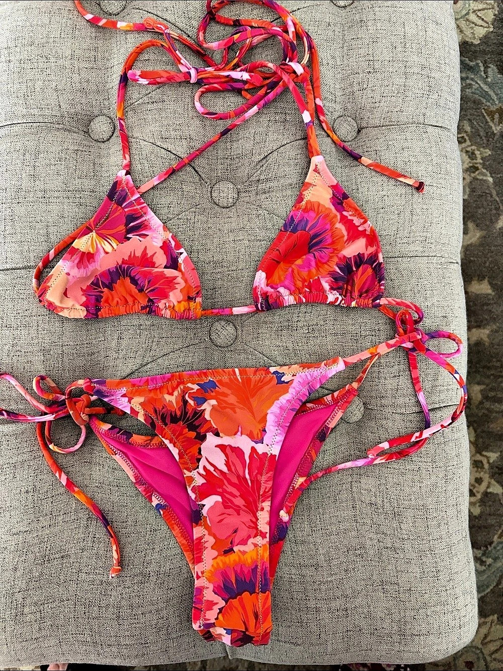 Reina Olga Floral Tie-Side Bikini in Pink & Red Like New Size XS